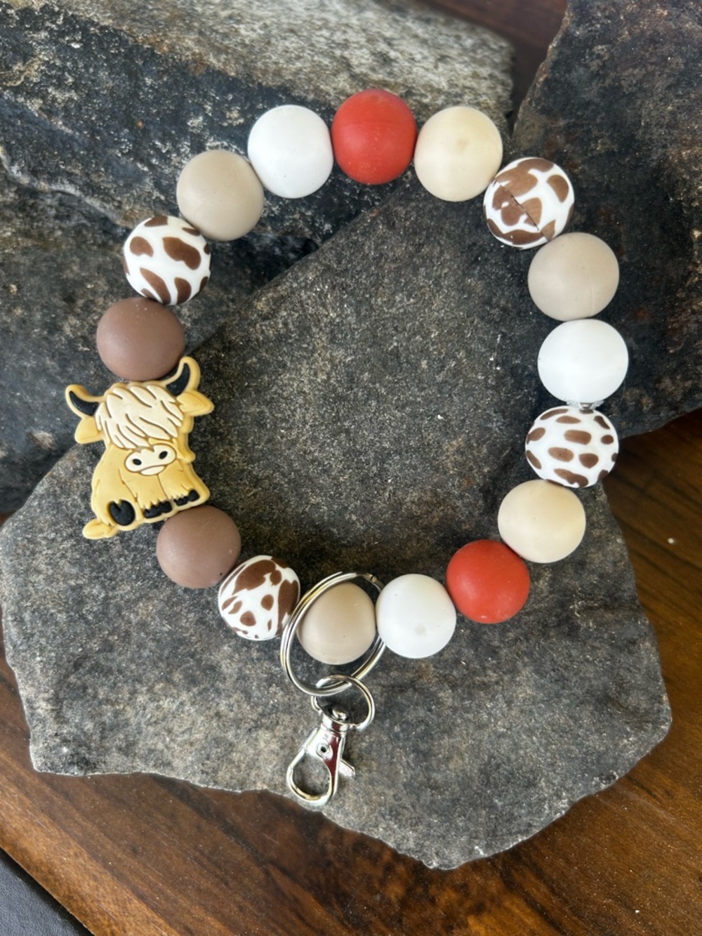 Beaded Cow Charm Wrist Keyring - Red, White & Brown